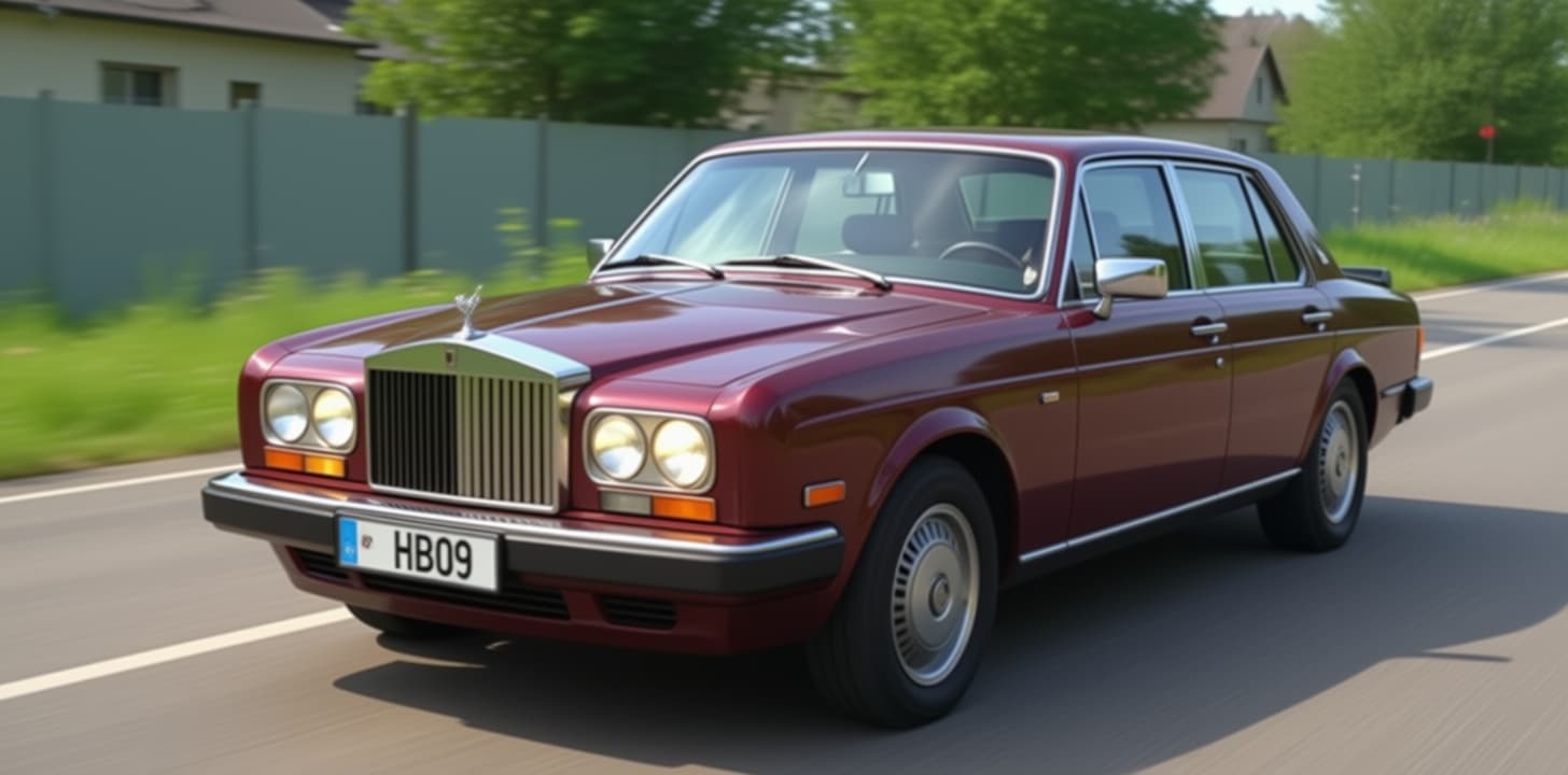 AI generated: A 50-year-old burgundy Rolls-Royce on the road

With the discreet and very small watermark "HB09" ...