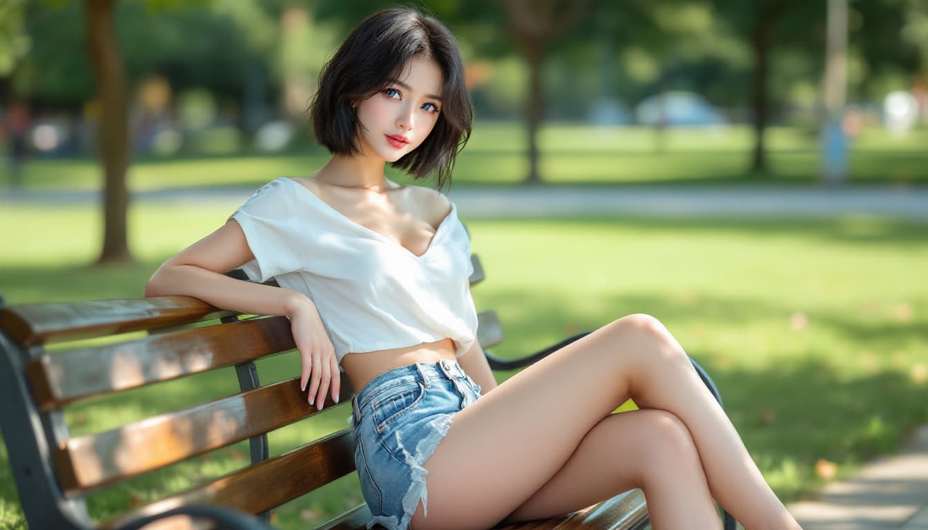 AI generated: Beautiful young woman poses in a casual summer outfit and a short micro skirt with exposed panties, ...