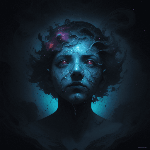 AI generated: alberto seveso art, floating head in space nebula, water ink, ink water, ink, cosmic space backgroun...