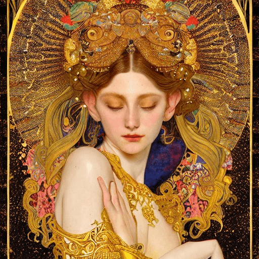 AI generated: An intricate painting of a beautiful young goddess covered in silk clothes with klimt golden motives...