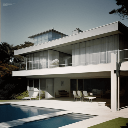 AI generated: Hyper realistic eye level exterior photo of a mid century modern style house overlooking the ocean, ...