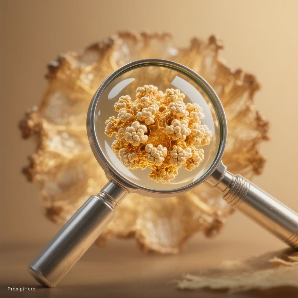 AI generated:  A magnifying glass icon hovering over the lesion, highlighting its "popcorn" appearance.it should b...