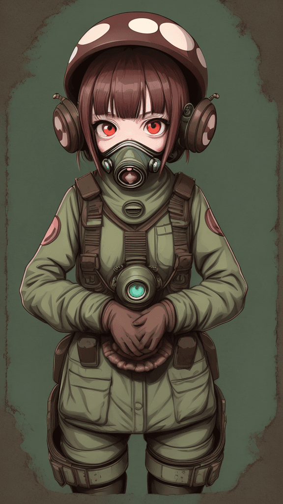 AI generated: portrait of a little mushroom woman. Wearing a gas mask. Prominent eyes, azuki illustration, anime, ...