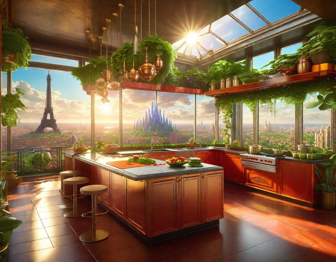 AI generated: realistic dream lifelike fantasy photography, full WIDE view, Kitchen interior design, hyper detaile...