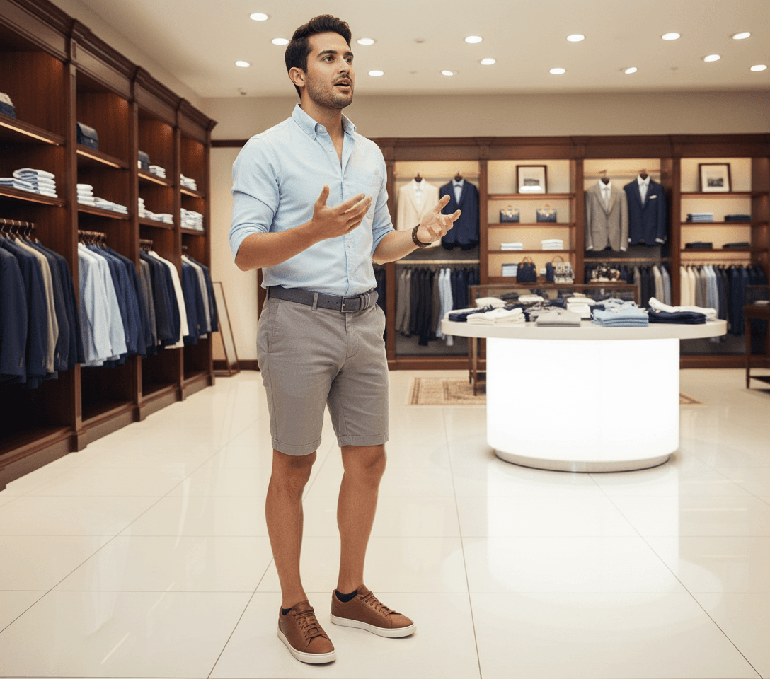 AI generated:  Inside a average clothing store with white floors. A Hispanic male, is 5 feet tall. He is wearing a...