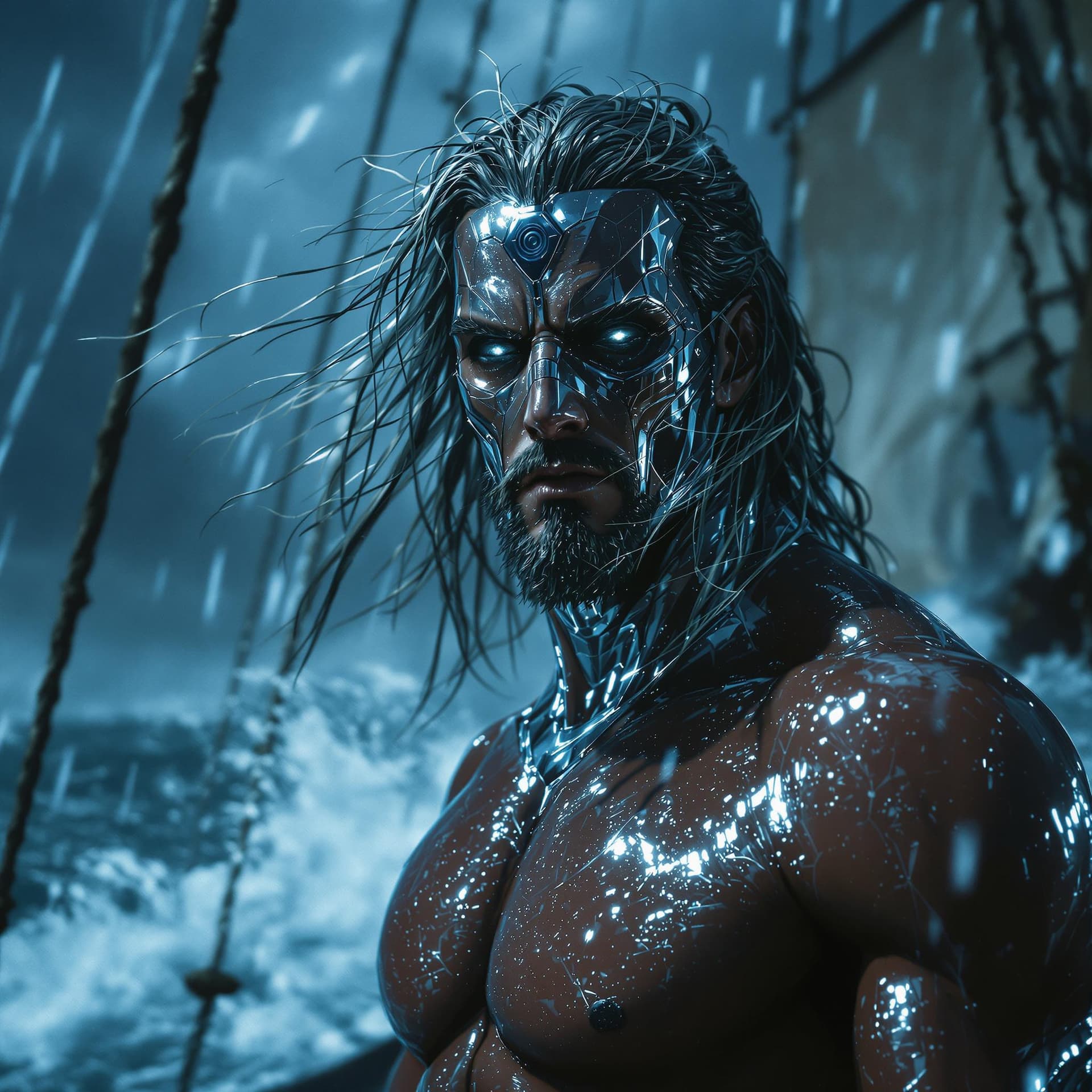 AI generated: A close-up of a heroic chrome figure, standing tall at the bow of a ghostly ship, cutting through th...