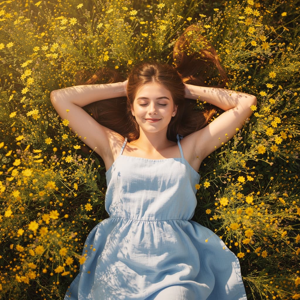AI generated: A woman, viewed from above, sleeps peacefully with her arms above her head in the field of yellow fl...