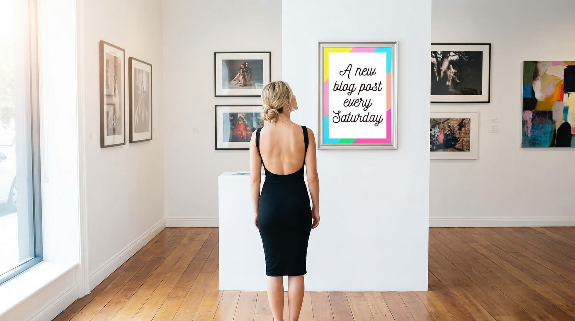 AI generated: A blonde woman in a fitted, black backless knee-length mini dress showcasing her toned legs and slen...