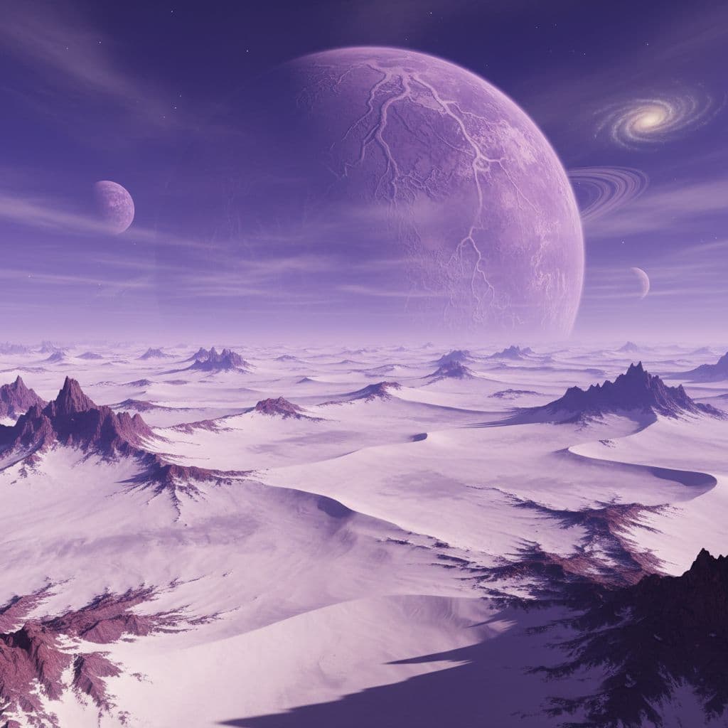 AI generated: a Purple Planet with lots of canyons and deserts of white sand