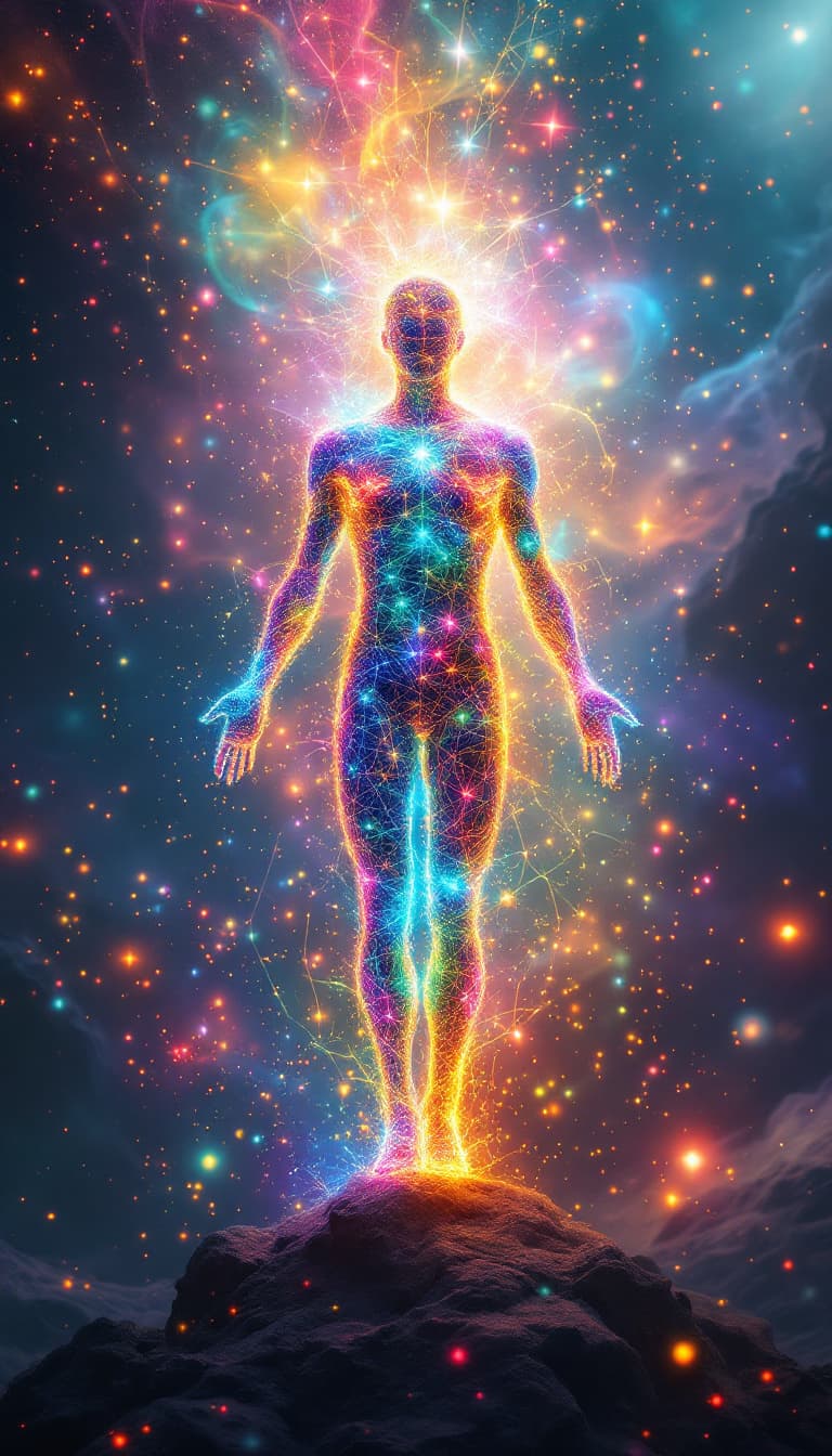 AI generated: A surreal representation of existence as pure energy, showing a humanoid figure made entirely of rad...