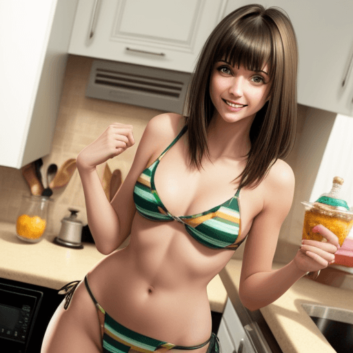 AI generated: (Attractive Brunette with bangs hair) ((skinny fat body) ), (bikini) , in kitchen ((amused) ), (big ...