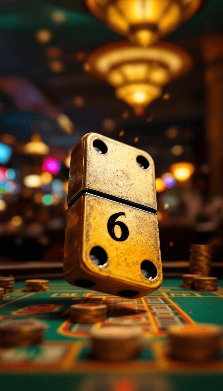 AI generated: A vintage, Tim Burton-style shot of a bronze domino being tossed in the air, marked with a "6" in mo...
