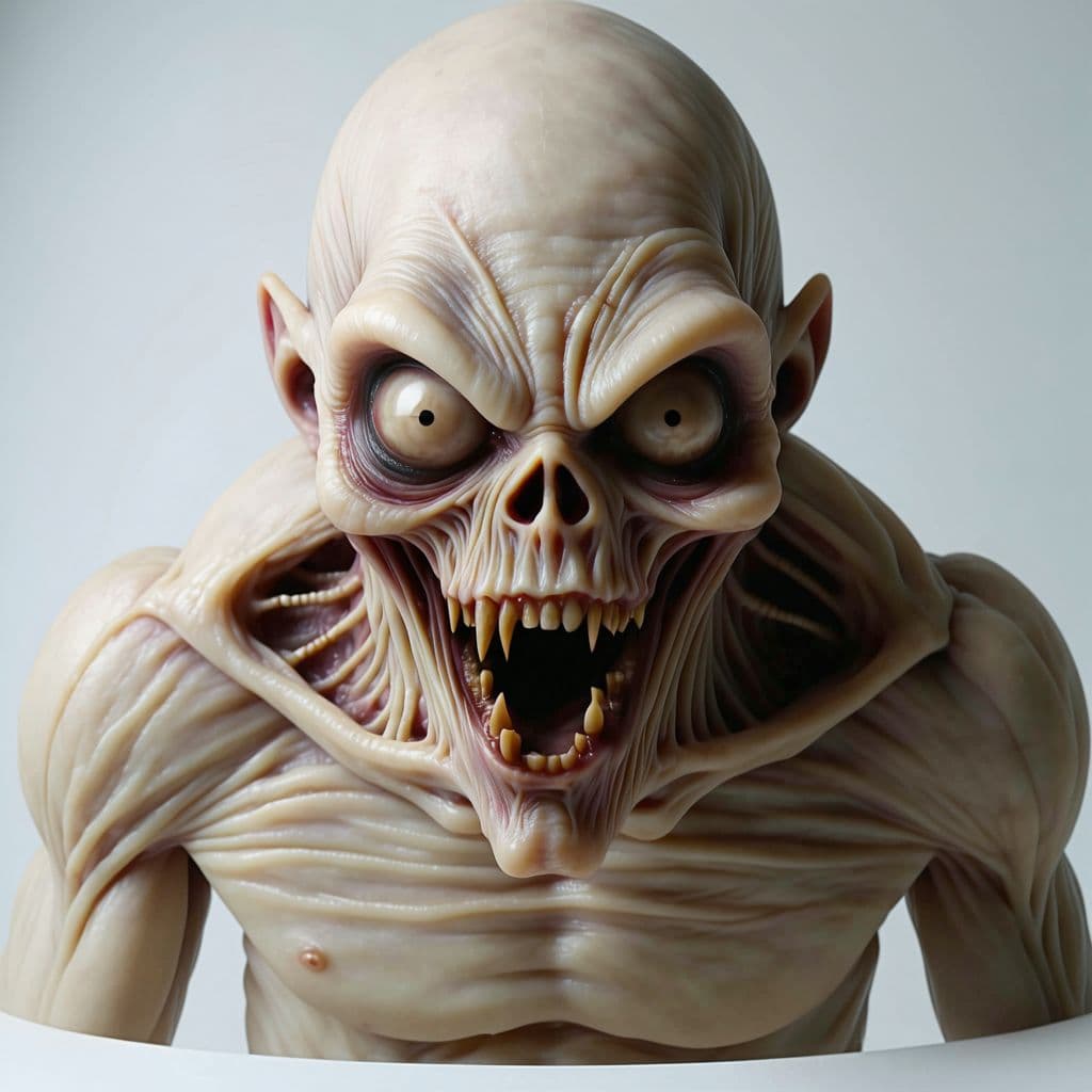 AI generated: unsettling barely-human thing looks directly into camera, hyper realistic