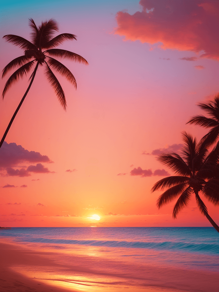 AI generated: A serene tropical beach at sunset, golden sand stretching into the distance, vibrant orange and pink...
