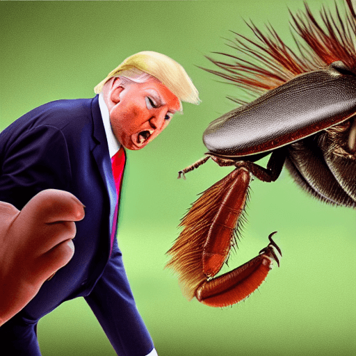 AI generated: Realistic photography of Donald Trump ridding a cockroach