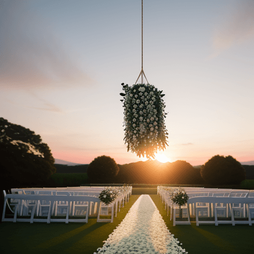 AI generated: Hanging flowers at an outdoor wedding at sunset, film grain, high quality, studio shoot, Nikon D850