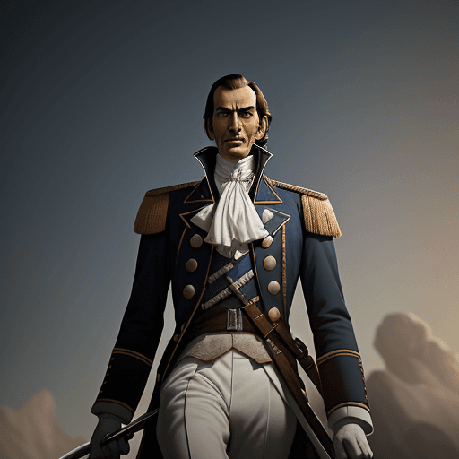 AI generated: Photo of the liberator Simon Bolivar, colonial suit and sword in hand, spectacular light, pale dawn,...