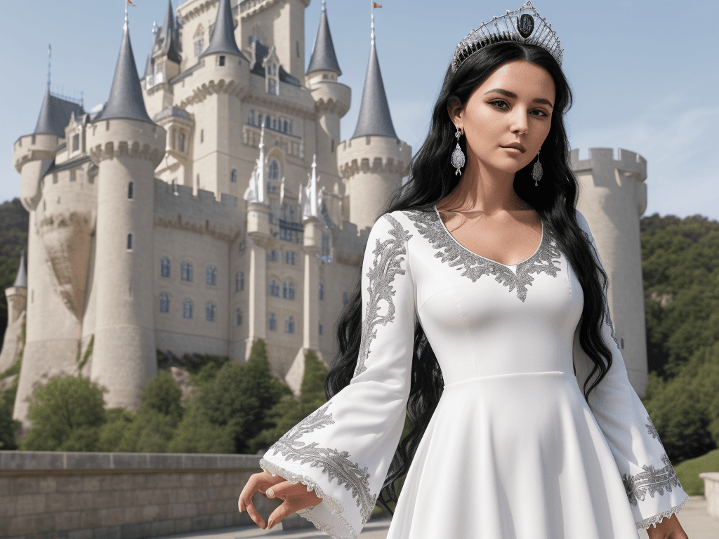 AI generated: a woman in a white dress standing in front of a castle. The woman has long, wavy black hair and is w...