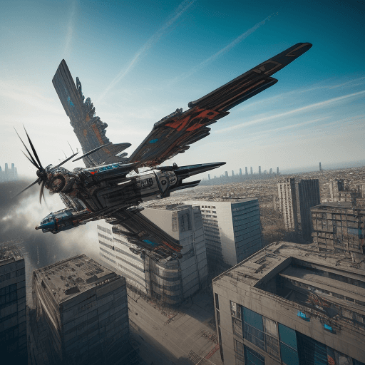 AI generated: HYPER REAKISTIC photography of an NEW TECH DIESEL-PUNK FLYING OVER-BORD, MIDDLE OF MODERN TOWN, MODE...