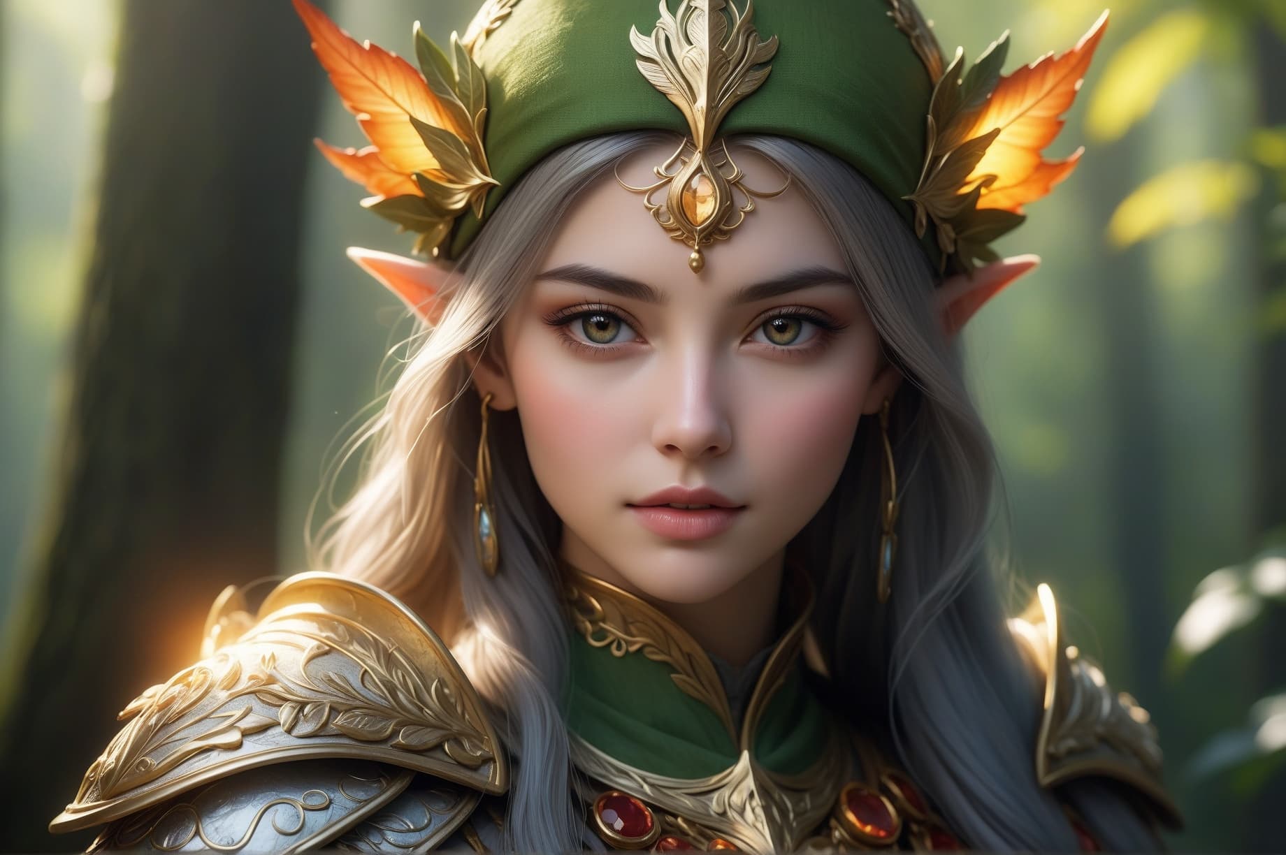 AI generated: Fantasy portrait, ultra detailed photograph of elf woman wearing elf armor with, deep shiny forest o...