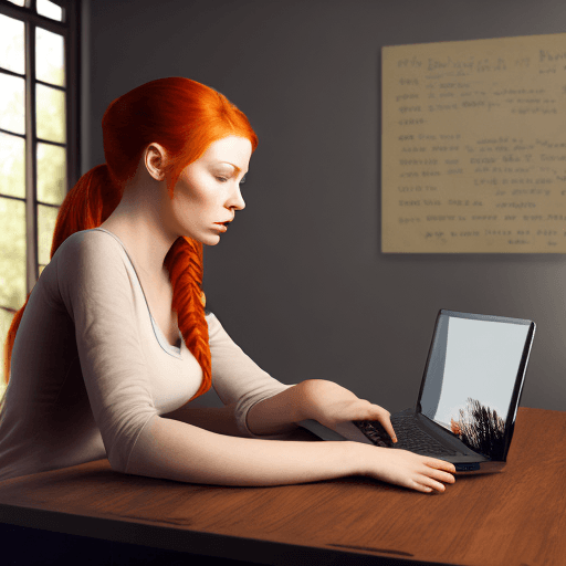 AI generated: photo of a beautiful ginger woman working at her laptop, hair is in a ponytail --s 200 --v 6.1