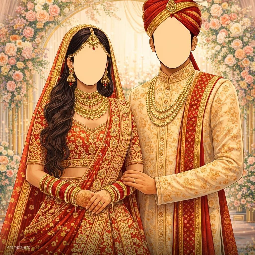 AI generated: Create a beautiful Indian wedding couple illustration template . A bride and groom standing together...