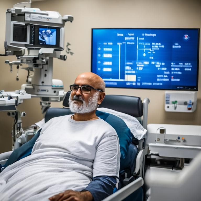 AI generated: a Cancer patient at a hospital, (detailed stunning environment), cinematic, cover art, (low front an...