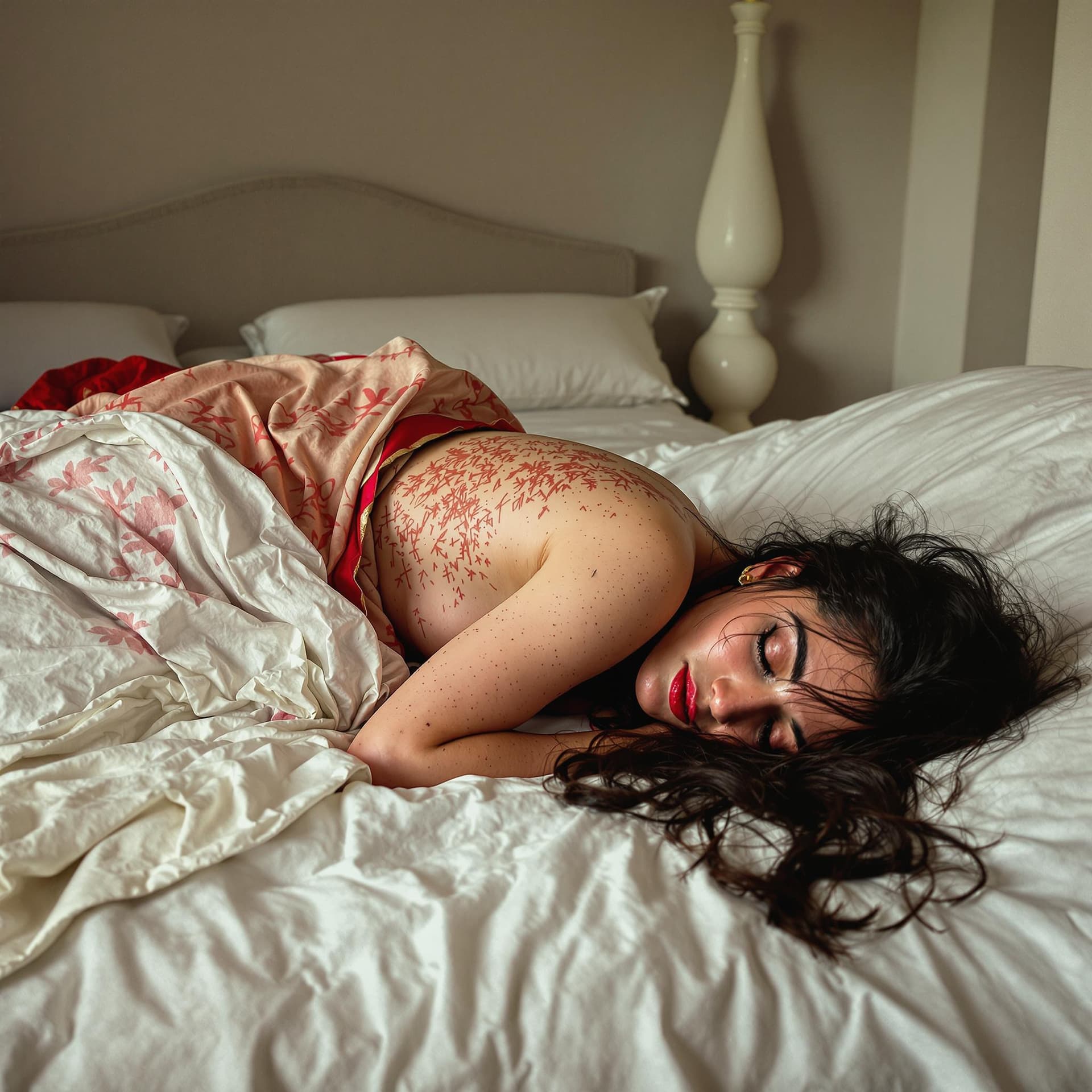 AI generated: Sari rouge mouillé, femme indienne, dormant à l'envers sur le bord du lit, dos gras, corps gras, en ...