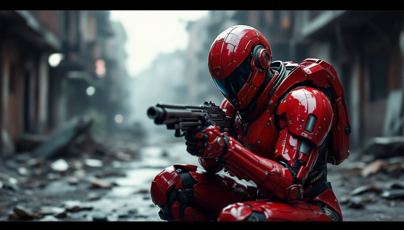 AI generated: red armed female figure in sci-fi battle armor with cybernetic helmet, aiming on one knee, mask, sci...