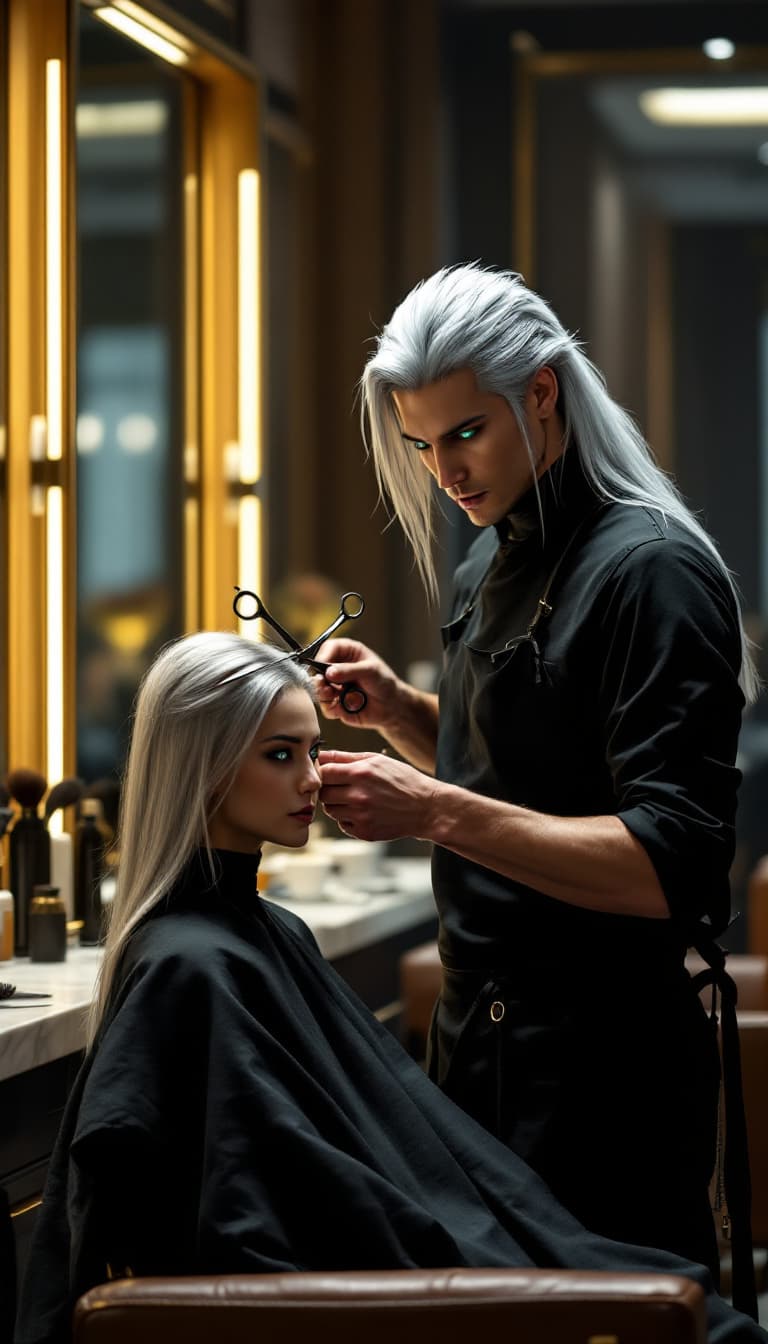 AI generated: A candid, photorealistic shot of a tall handsome European man inspired by Sephiroth from Final Fanta...