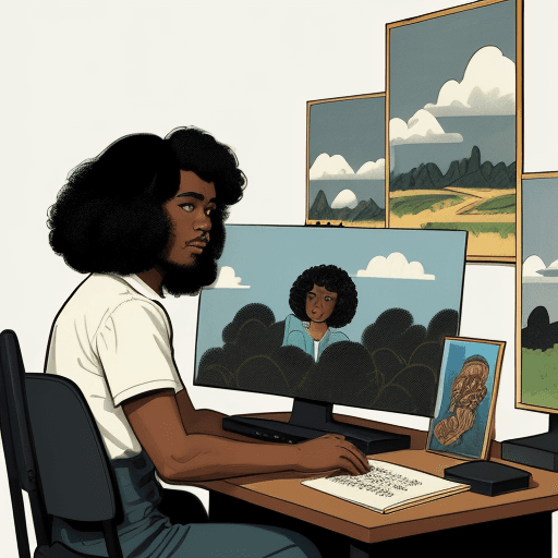 AI generated: Set of banners of a black designer with dark curly hair and curly bangs, painting the clouds, workin...
