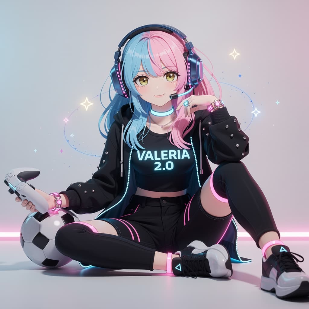 AI generated: Un personaje digital con estética cyberpunk y kawaii, vestido con ropa negra con detalles de neón az...