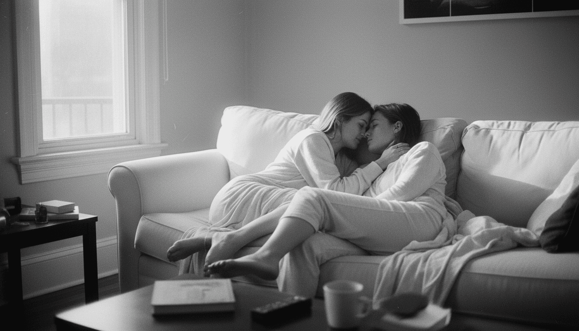 AI generated: Two women, both wearing light-colored, long-sleeved clothing, are intimately embracing and kissing o...