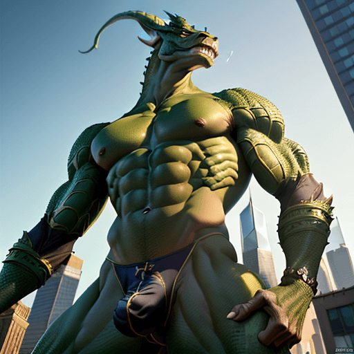 AI generated: looking up at the torso of skinny, athletic green anthro dragon, briefs with comically massive bulge...