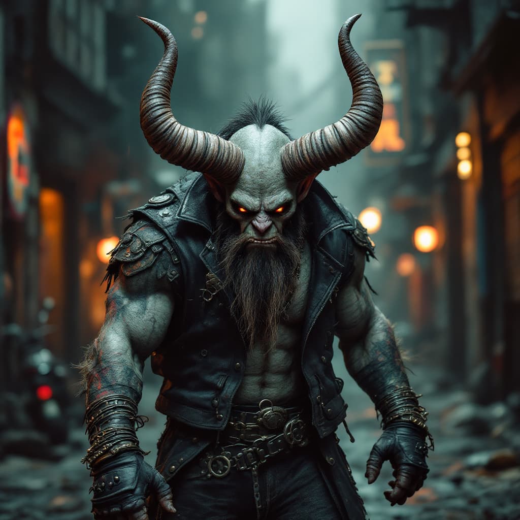 AI generated: photo of a ogre with horns, biker club member, biker cloth, cyberpunk slums background