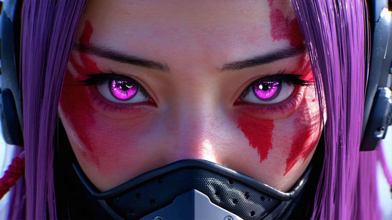 AI generated: Maki from jujutsu no kaisen, colorful realism, intense close-ups, purple, red and black, unreal engi...