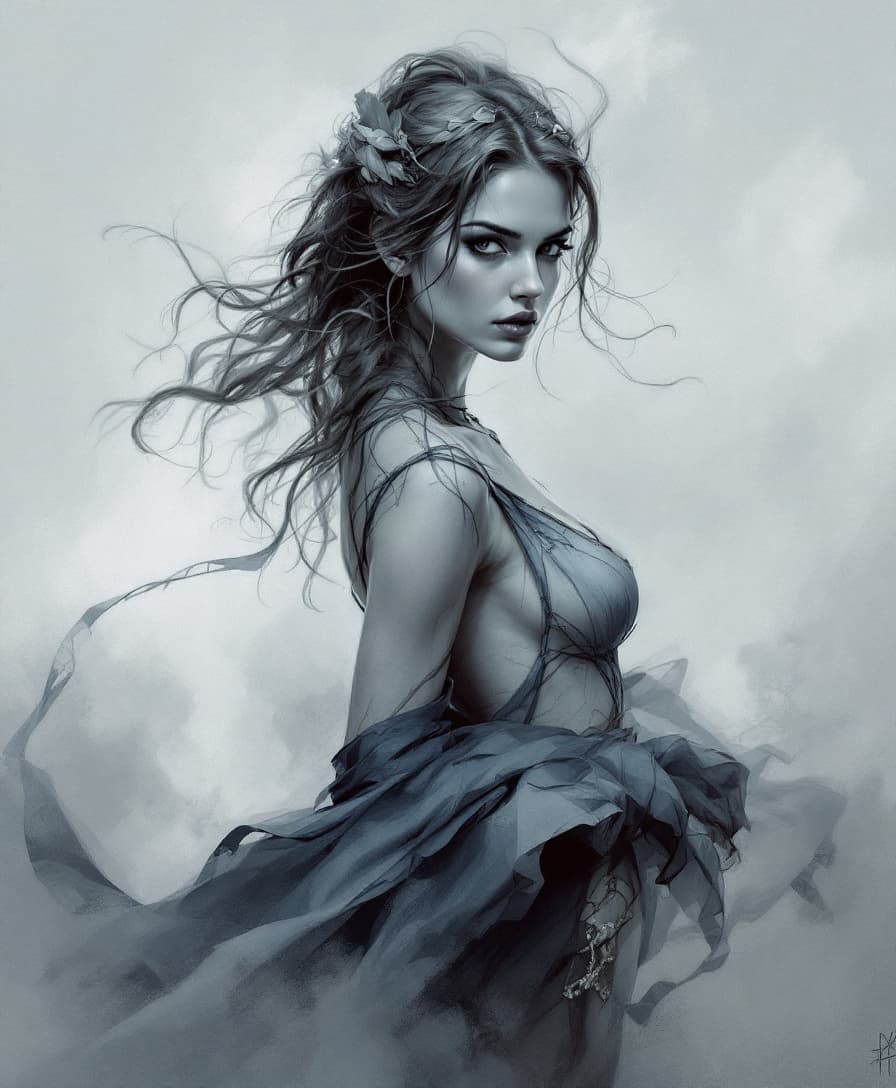 AI generated: Full-length portrait of a woman in the style of Kieron Gillen. Soft greys, deep blues. I can't belie...