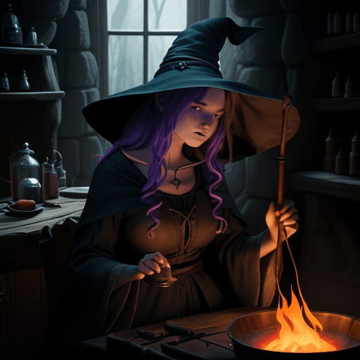 AI generated: A beautiful young witch with a big floppy witch hat stirs a cauldron with her big toe while she sits...
