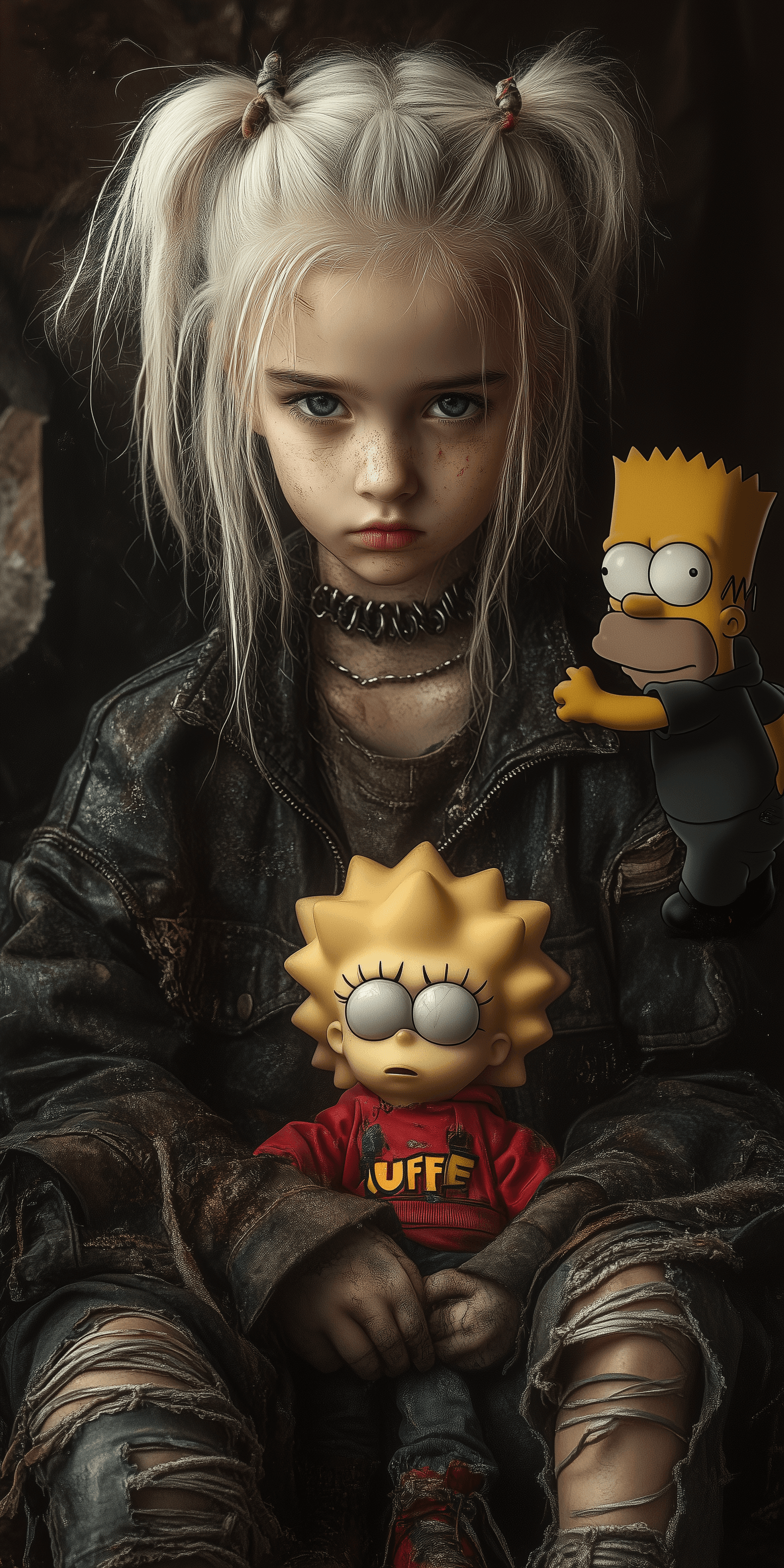 AI generated: Photo of a young girl with messy white hair, wearing a dirty leather jacket and ripped jeans, sittin...