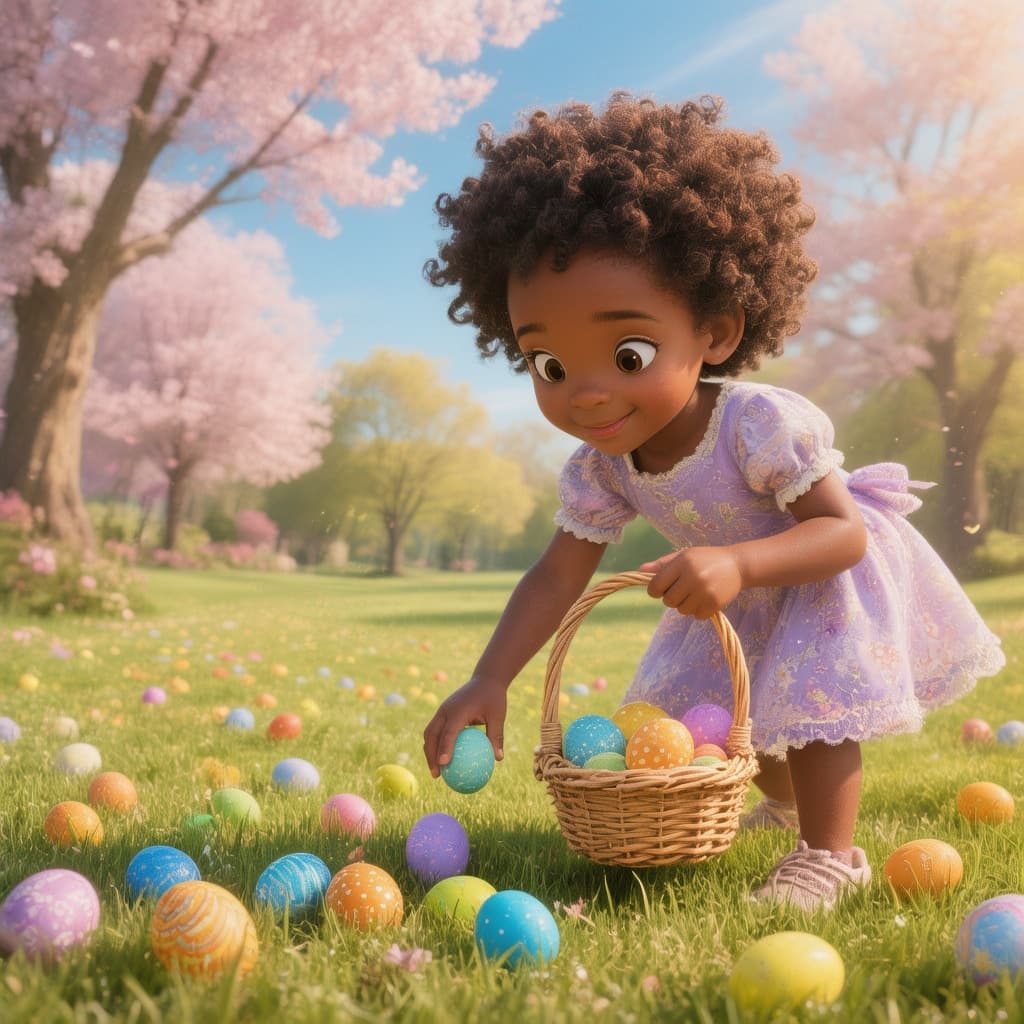 AI generated: On a sunny day, a little dark-brown-skinned  girl holding an easter basket is picking up Easter eggs...