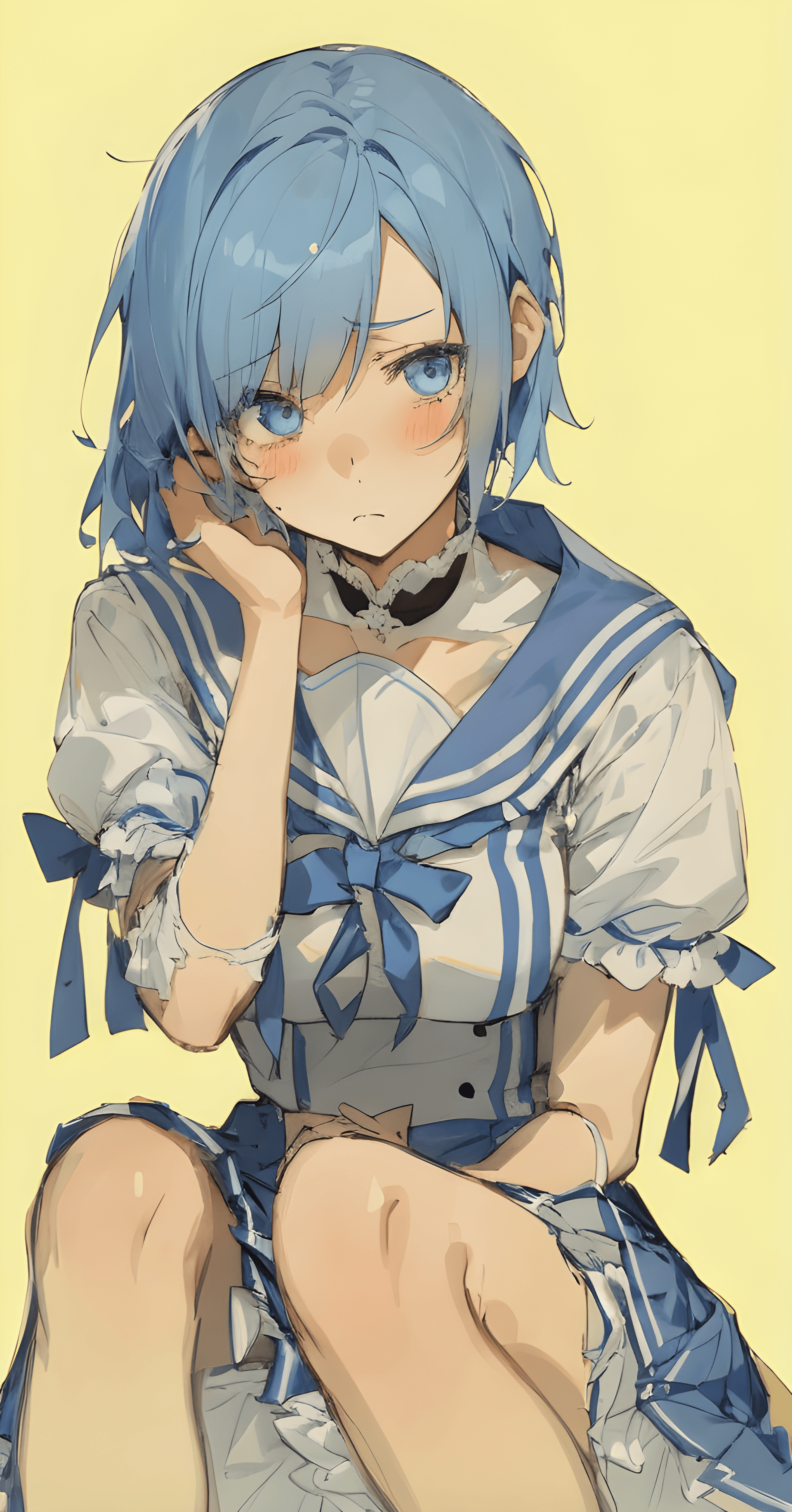 AI generated: a drawing of a girl with blue hair, an anime drawing, pixiv, process art, sailor uniform, looks sad ...