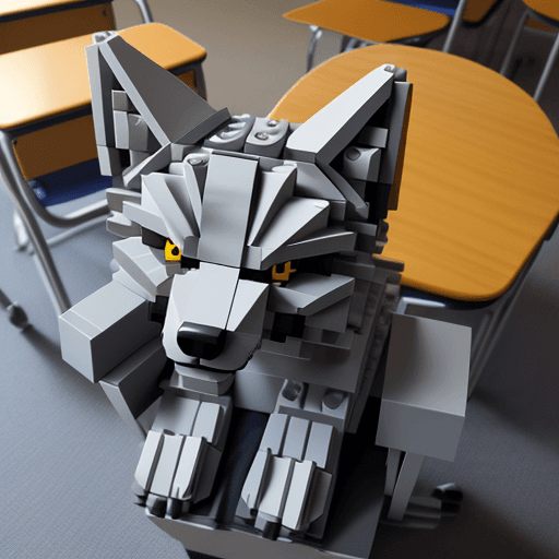 AI generated: a  wolf sit on classroomchair all parts will be created by lego full body