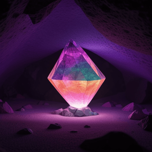 AI generated: A colorful multifaceted glowing crystal on a cave,volumetrric lighting,f:1.2,4k00