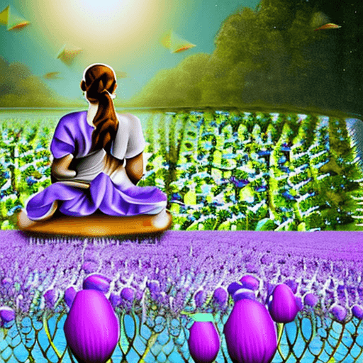 AI generated: mujer meditando en flor de loto violeta en un campo de hierva con el cielo violeta y bolas de luz bl...