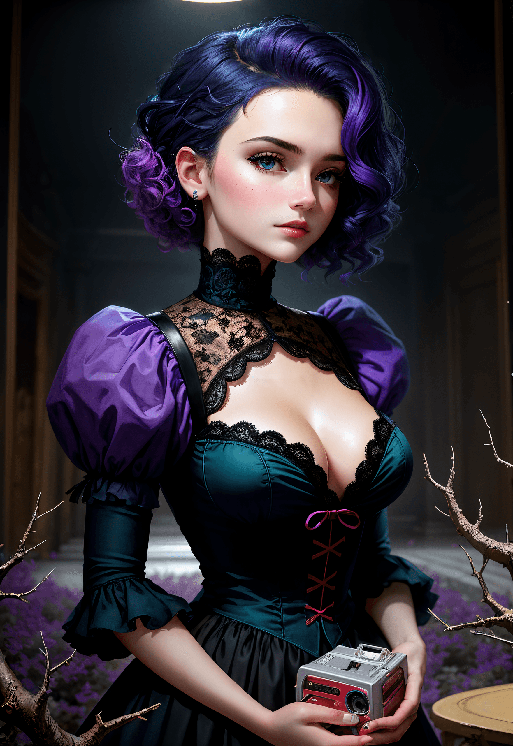 AI generated: 1girl, woman, siren, silver teal opal eyes, bright Purple hair, skeptical, ISO6400, dark atmospheric...
