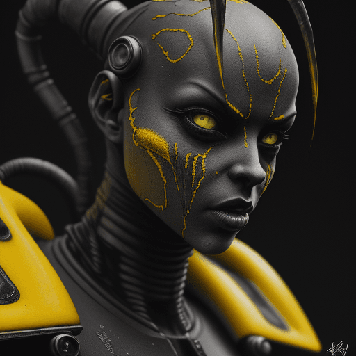 AI generated: Masterpiece, Best Quality, yellow and black alien 3d model, in the style of surreal cyberpunk iconog...