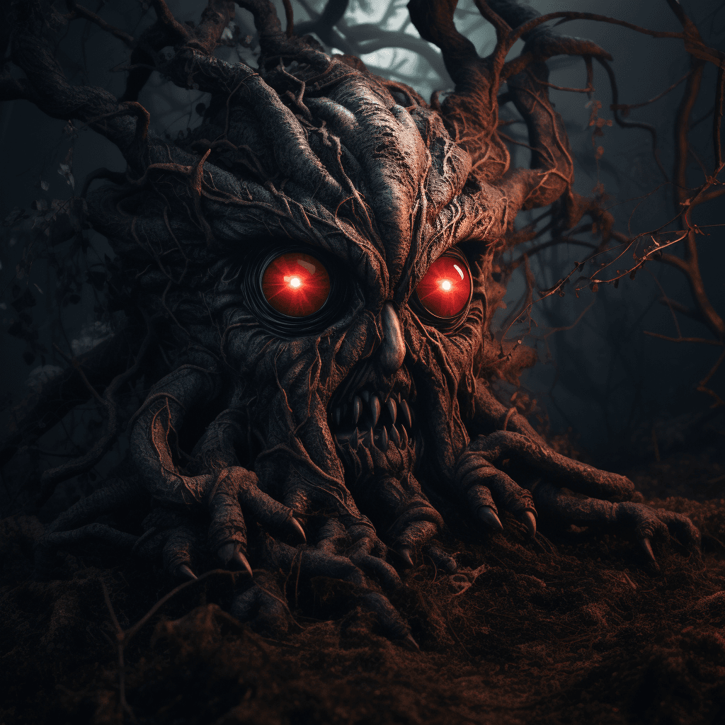 AI generated: creature shaped like a tree peeking through the branches of a tree, reddish eyes, dense and dark for...