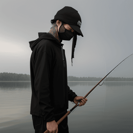 AI generated: A man wearing dark clothes and a mask fishing