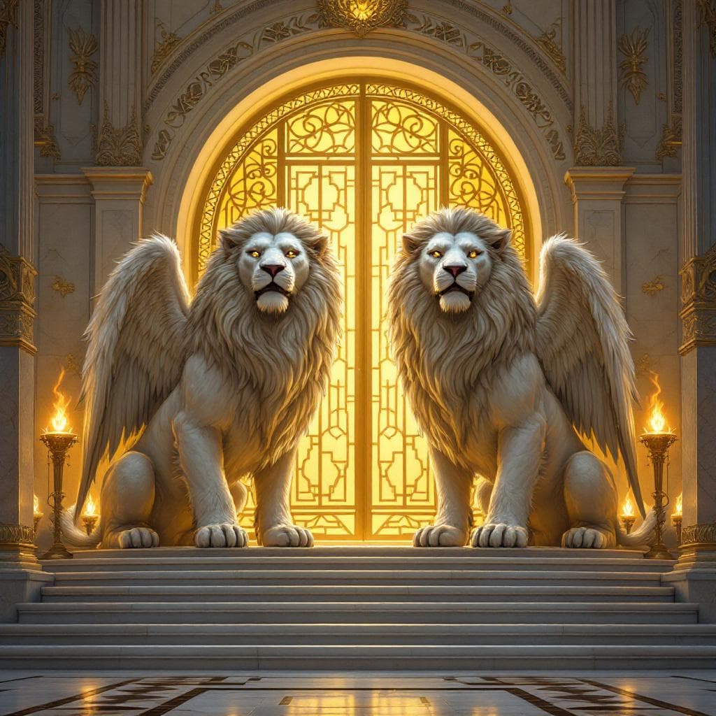 AI generated: Two large winged creatures (cherubic beasts) guarding a golden‑gated temple precinct, bodies lion‑li...