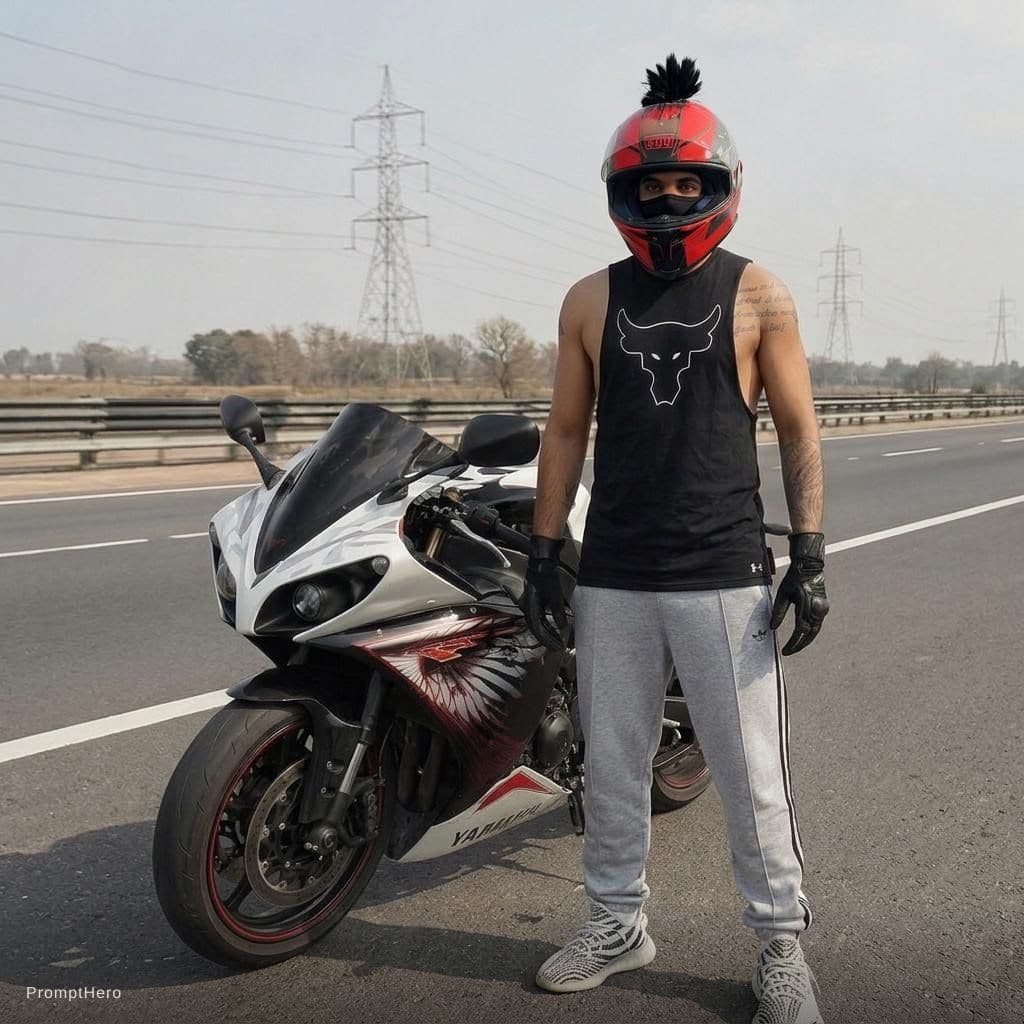 AI generated: Change head of standing Biker to be uploaded head and helmet